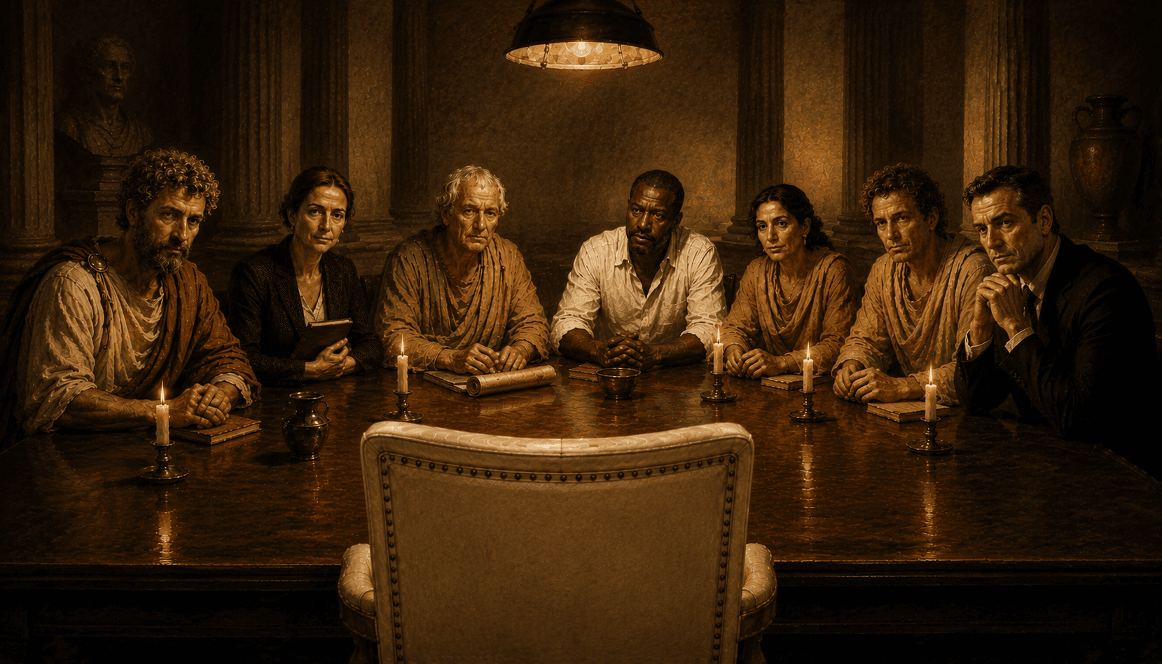 A council of seven advisors — living and historical — seated together under warm lamplight around a long wooden table. In the foreground, an upholstered chair, its back to the viewer, faces them: the seat is yours, and you choose who joins you.